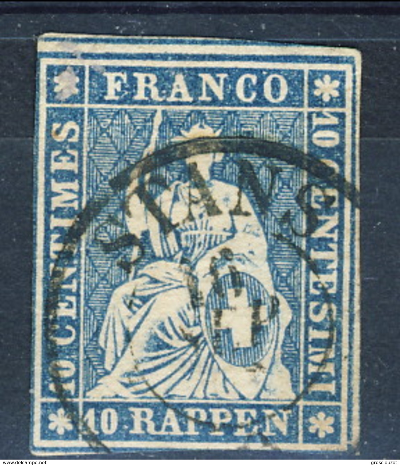 Svizzera 1854-62 N. 27 R. 10 Azzurro Usato (foro Di Spillo In Alto) Cat. &euro; 50 - Gebraucht