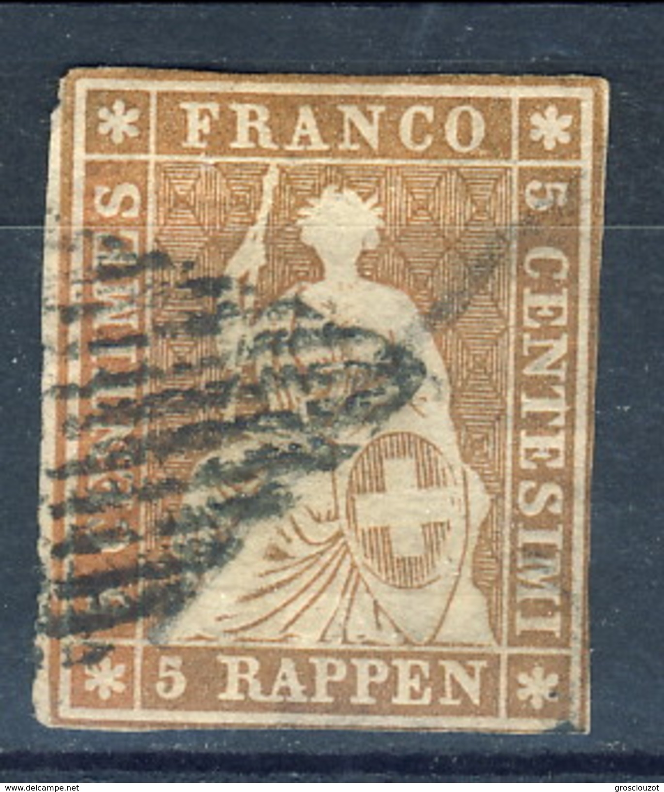 Svizzera 1854-62 N. 26 (carta Spessa, Filo Trasversale) R. 5 Bruno Usato  Cat. &euro; 40 - Usati