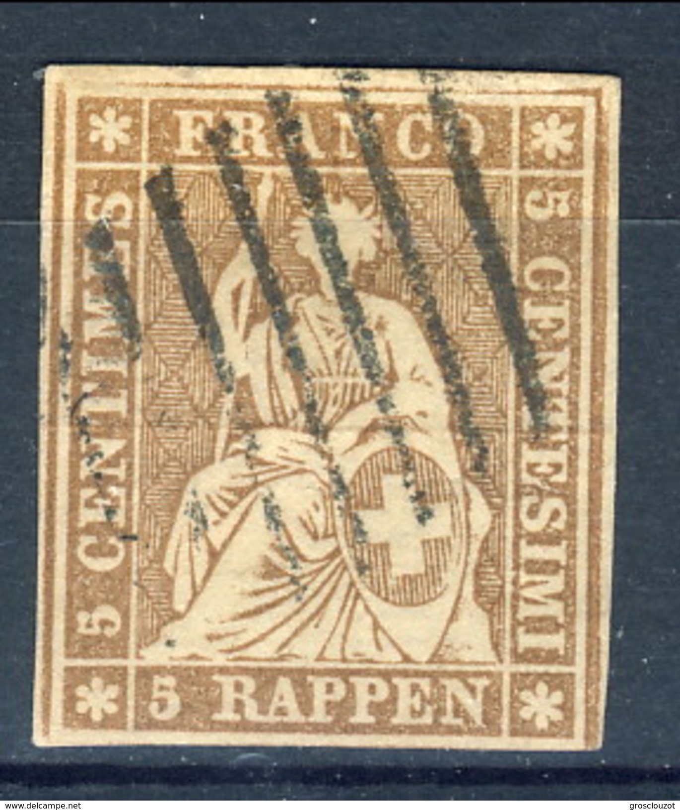 Svizzera 1854-62 N. 26 (carta Spessa, Filo Trasversale) R. 5 Bruno Usato  Cat. &euro; 40 - Gebraucht