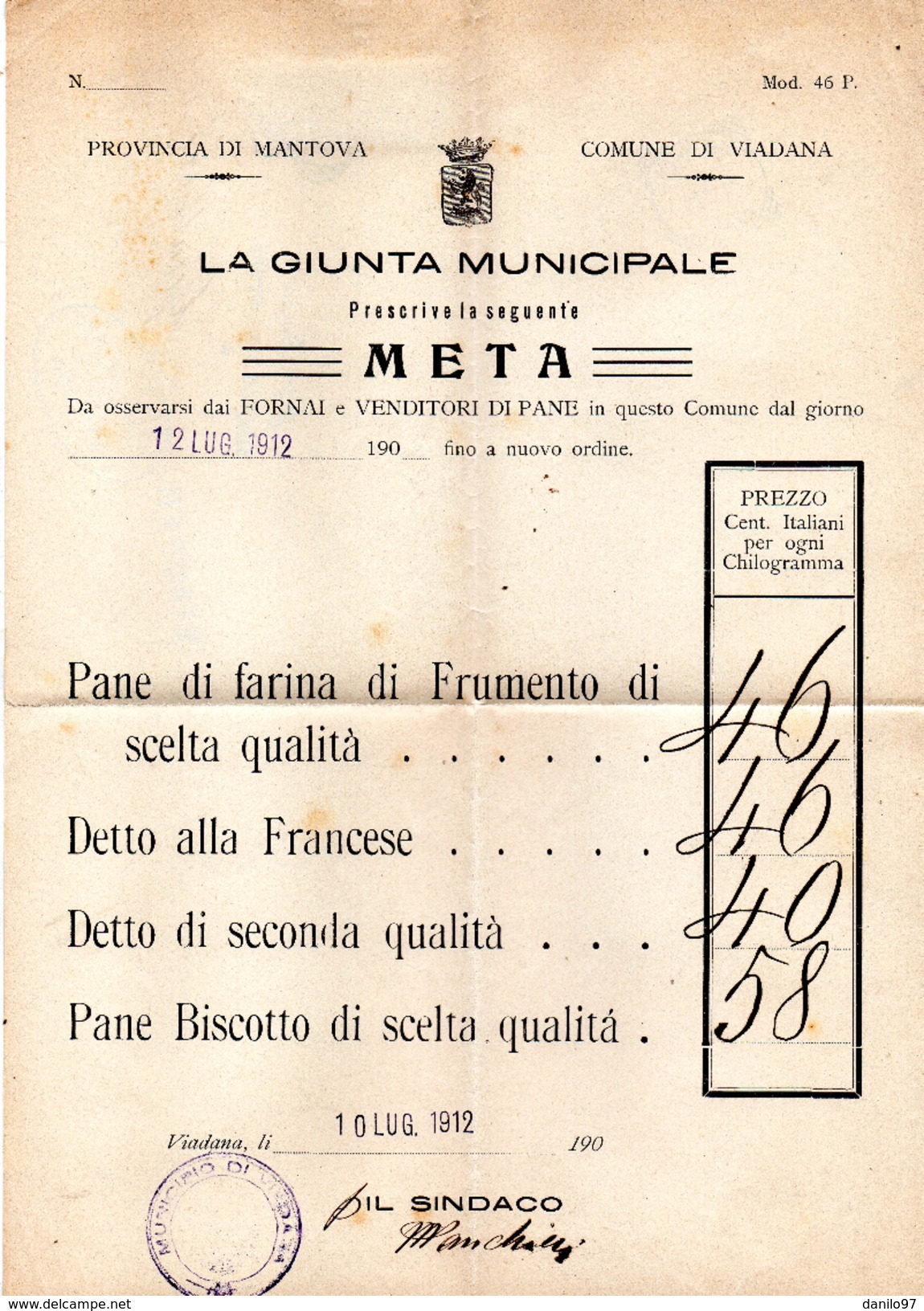 1912   LETTERA CON ANNULLO VIADANA MANTOVA + GUALTIERI - PREZZO DEL PANE - Storia Postale