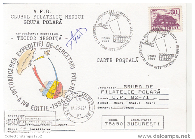 54128- ROMANIAN POLAR RESEARCH EXPEDITION, GREENLAND, RETURNING HOME, PLANE, SPECIAL POSTCARD, 1994, ROMANIA - Arctische Expedities