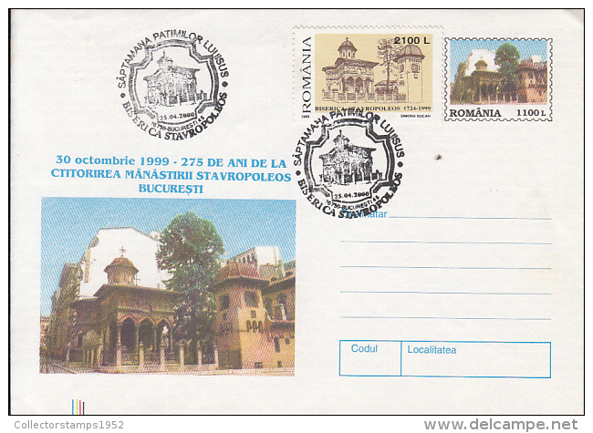 54168- BUCHAREST- STAVROPOLEOS MONASTERY, ARCHITECTURE, COVER STATIONERY, 2000, ROMANIA - Abadías Y Monasterios