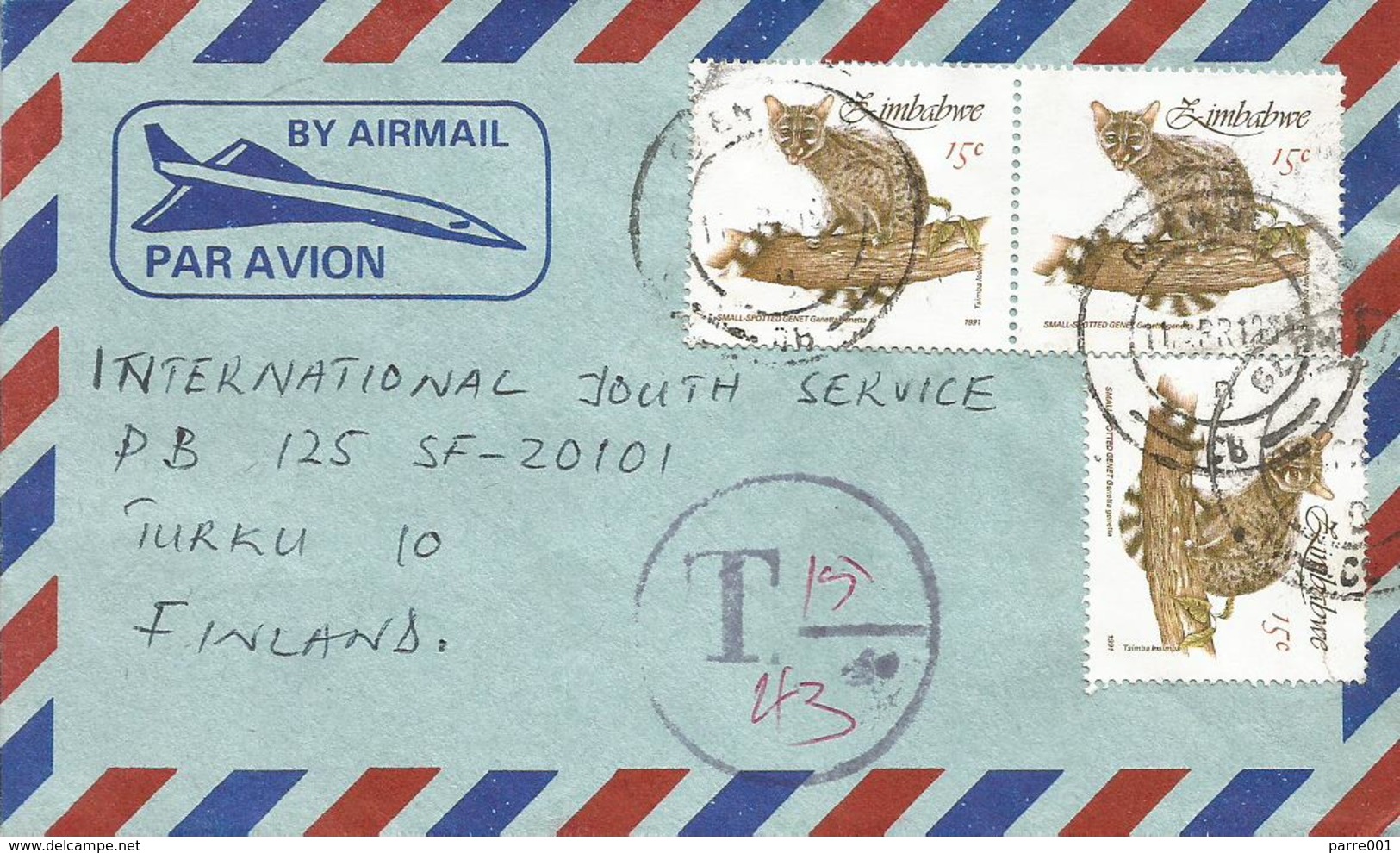 Zimbawe 1991 Glenningra Small-spotted Genet Cat Underfranked Taxed Cover - Zimbabwe (1980-...)