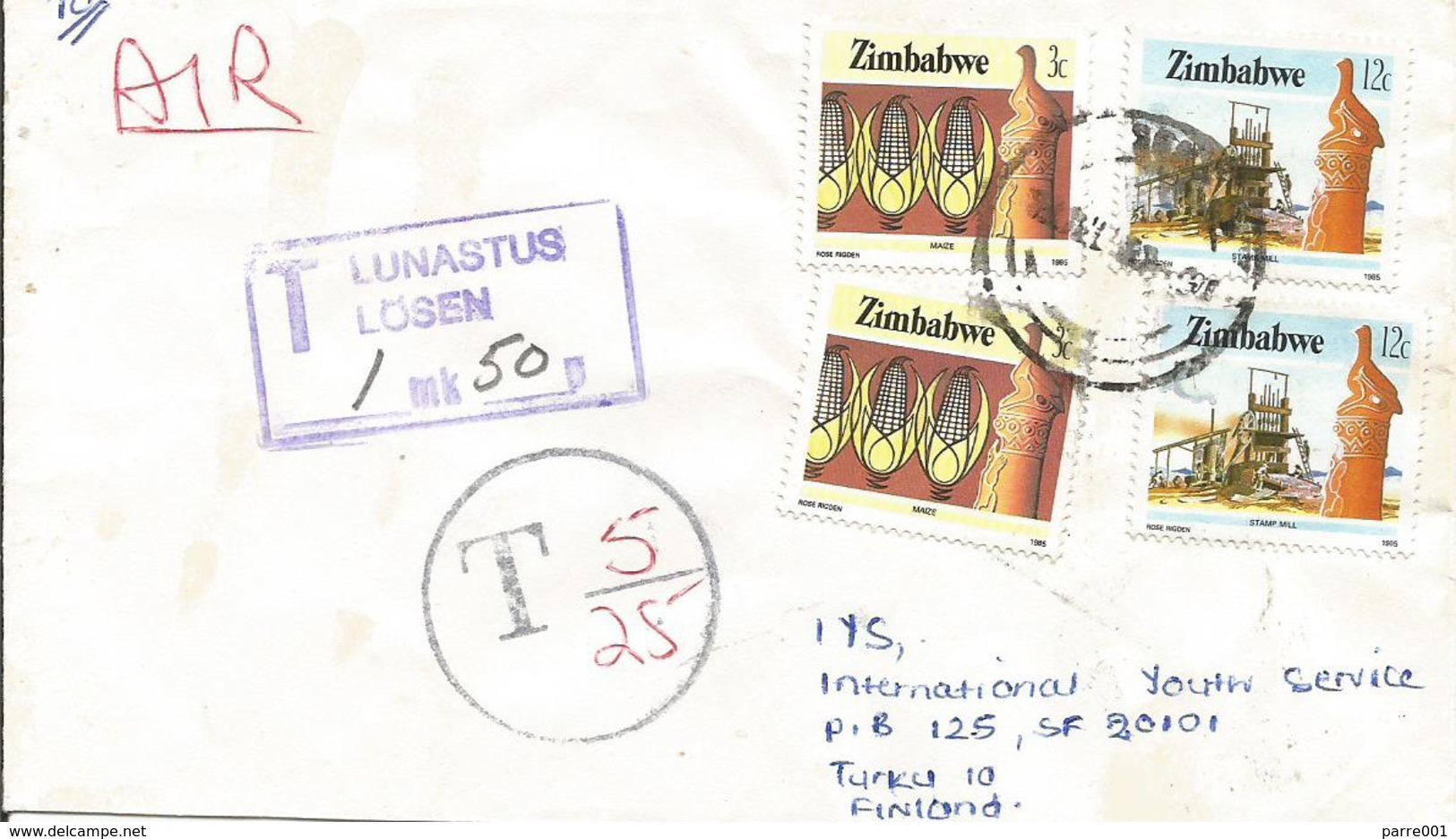Zimbawe 1987 Glenningra Maize Stamp Mill Underfranked Taxed Cover Finland - Zimbabwe (1980-...)