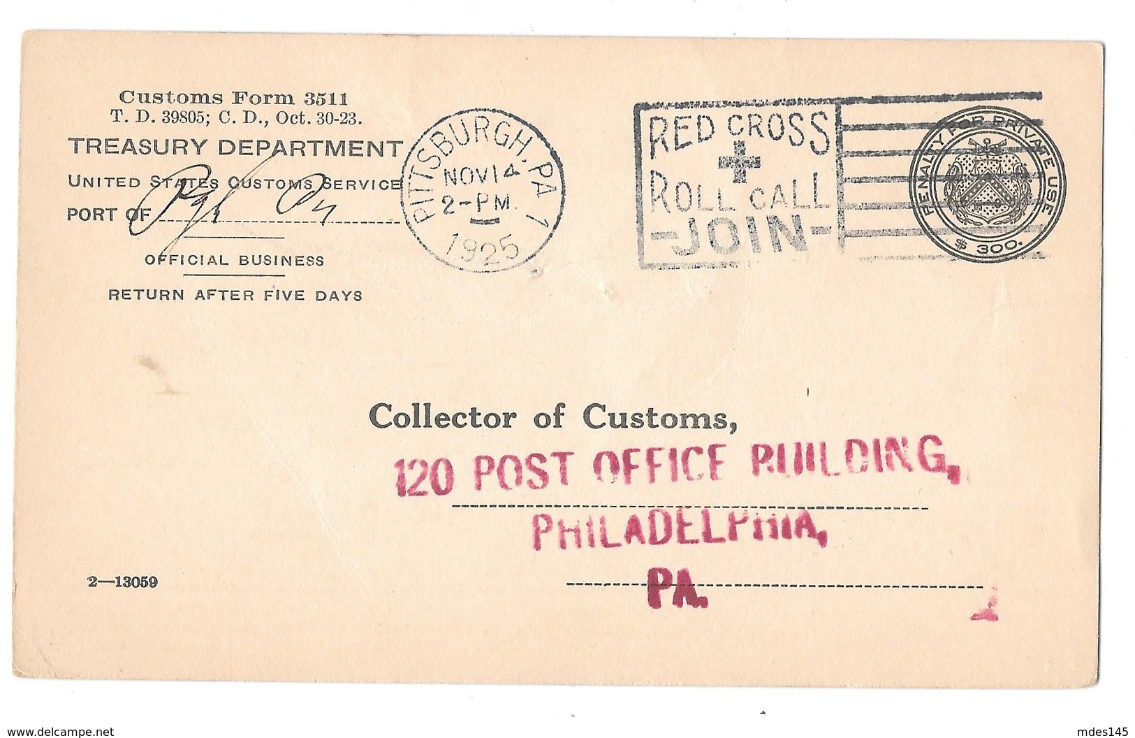 Treasury Dept Customs Service Offical Business Penalty Card Pittsburgh 1925 Red Cross Slogan Cancel - Officials