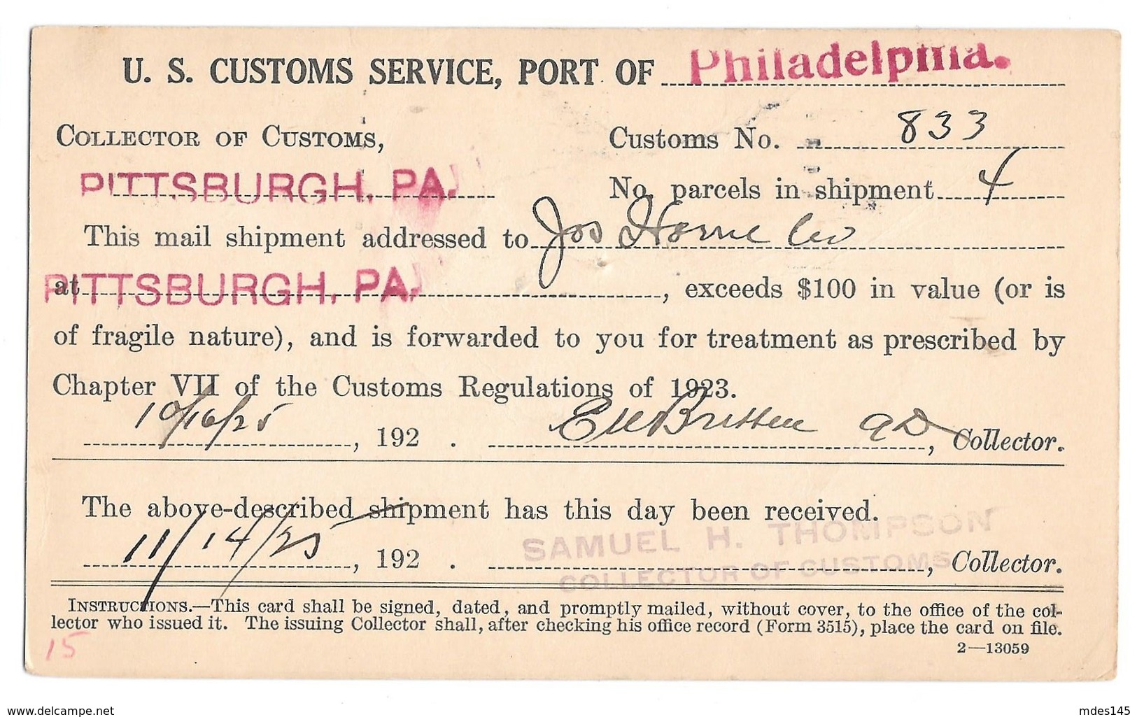 Treasury Dept Customs Service Offical Business Penalty Card Pittsburgh 1925 Red Cross Slogan Cancel - Officials