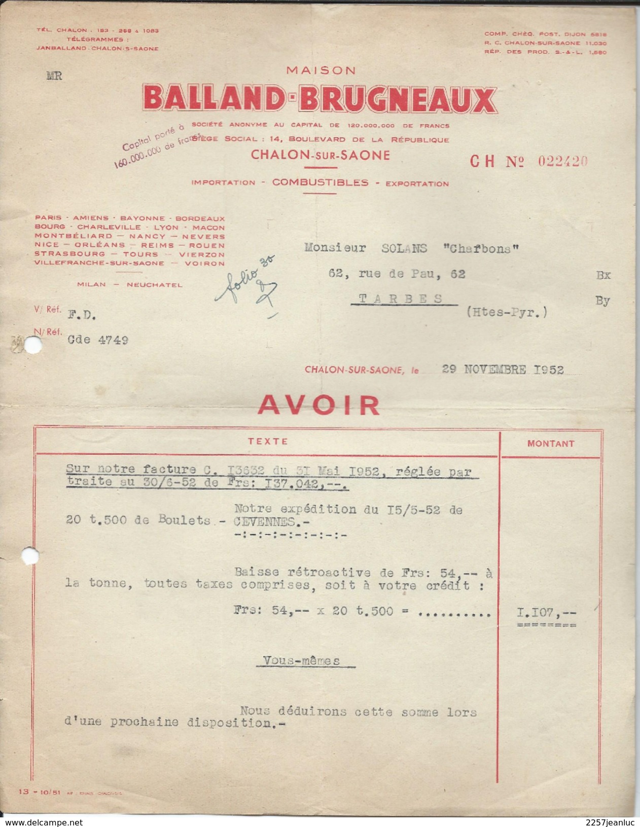 Facture Ets  Balland Brugneaux Combustibles à Chalon Sur Saone Le 29/11/1952 - Autres & Non Classés