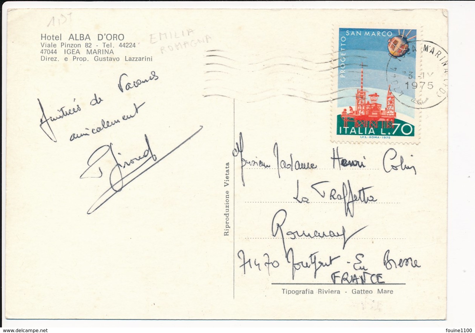 Carte ( Format 15 X 10 Cm ) Hôtel Alba D' Oro  Viale Pinzon 82 Igea Marina  ( Lazzarini ) Voiture Cabriolet Décapotable - Autres & Non Classés