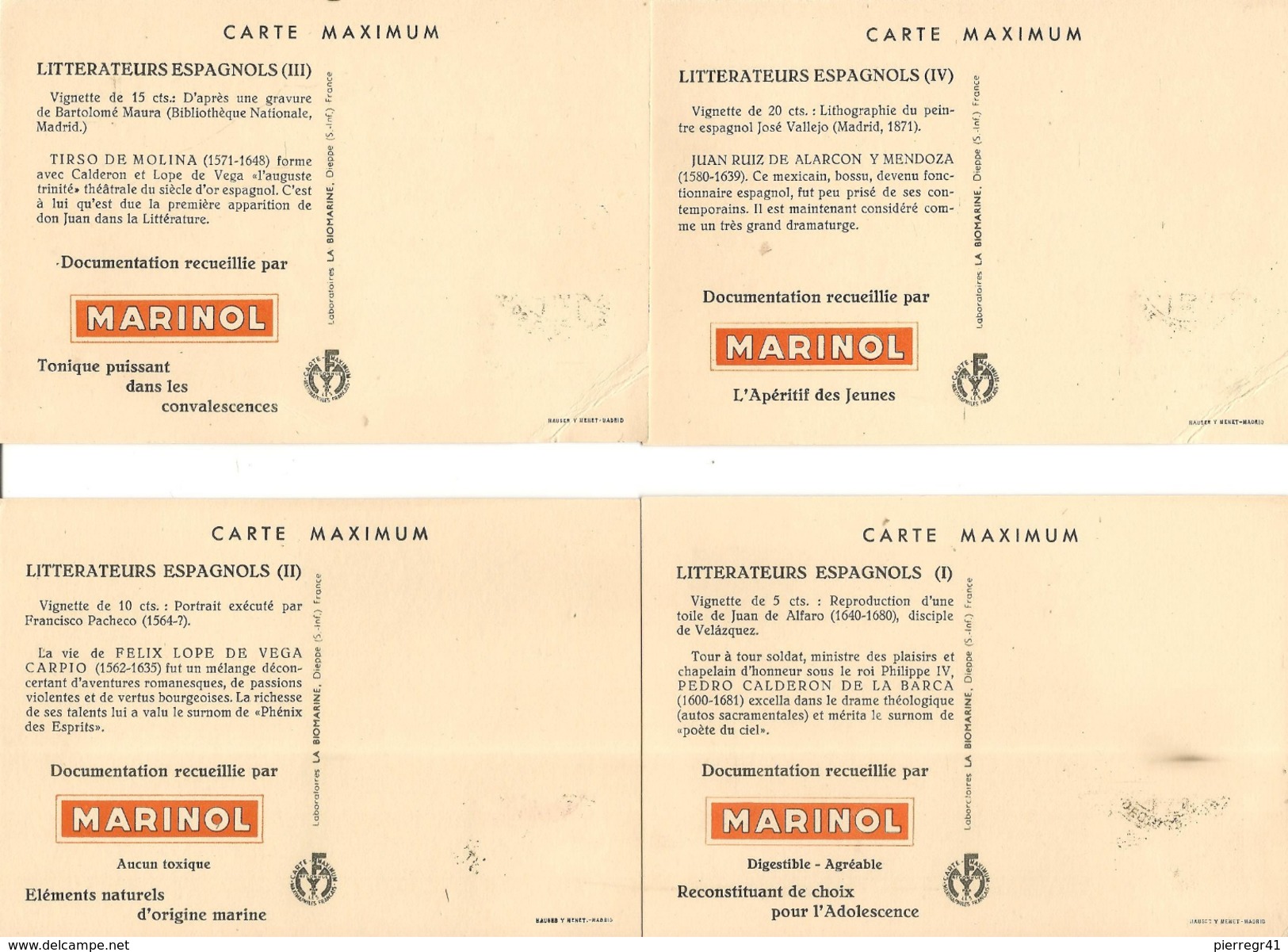 4-CPA-1954-PUBLICITE-LABO LA BIOMARIME-MARINOL-THEMES ECRIVAINS ESPAGNOLS-TBE - Publicité