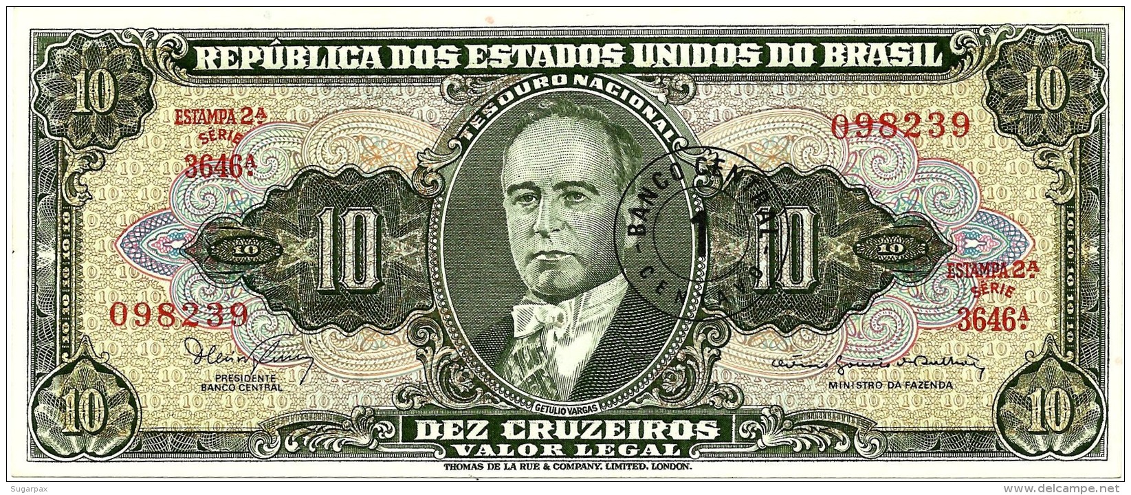 BRASIL - 1 CENTAVO On 10 CRUZEIROS ND (1967 ) - P 183.b - UNC. - Sign. 15 - Serie 3646.&ordf; - Estampa 2A - Getulio Var - Brésil