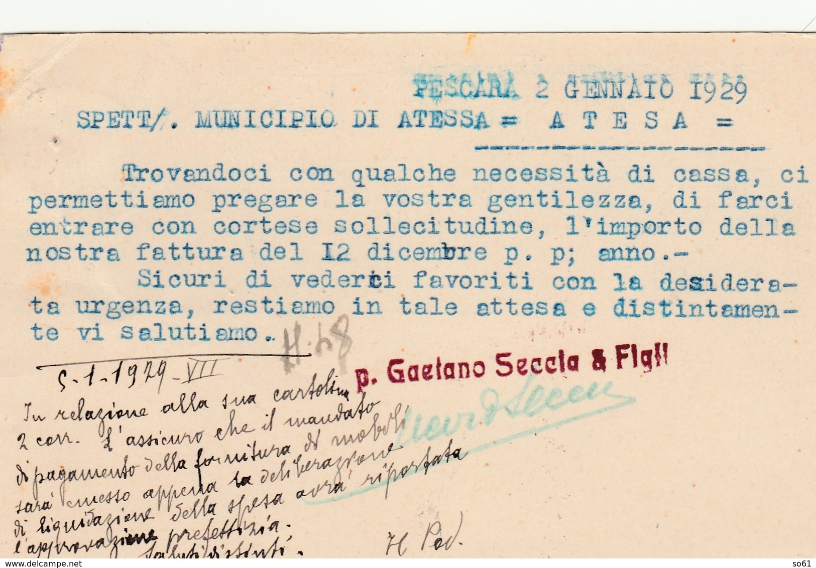 5754.   Gaetano Seccia & Figli - Fabbrica Mobili D'Arte - Pescara - Commerciale - 1929 Per Podestà Atessa Chieti - Altri & Non Classificati