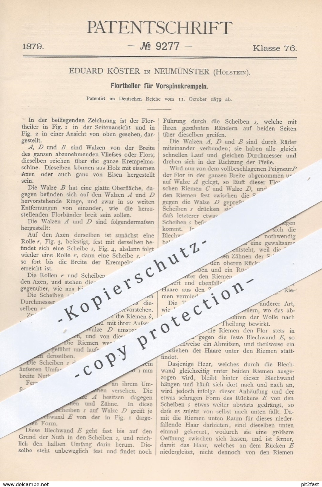 Original Patent - Eduard Köster , Neumünster , 1879 , Florteiler Für Vorspinnkrempeln | Krempeln , Spinnen , Spinnrad - Historische Dokumente