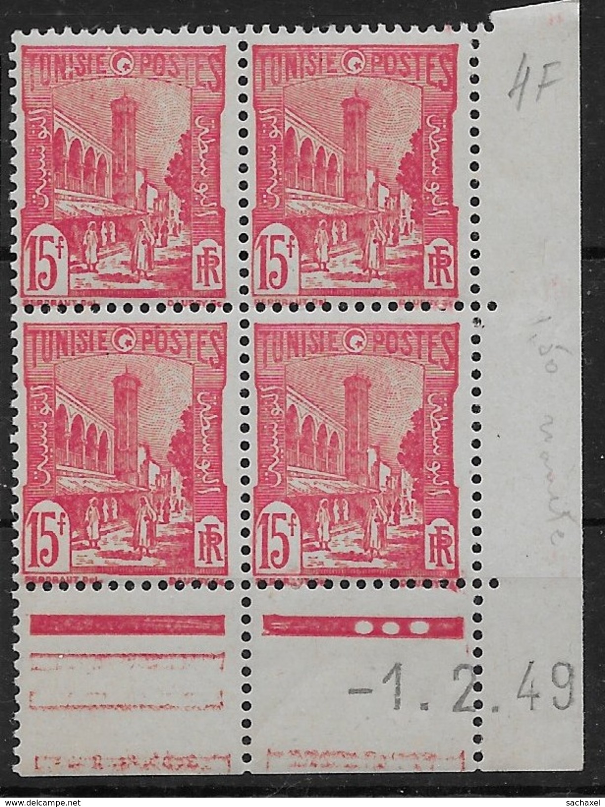 1945 - 49   Tunisie  N° 293A  (bloc De 4 ) Coin Daté      Nf**  MNH . Mosquée Halfaouine à Tunis. - Neufs