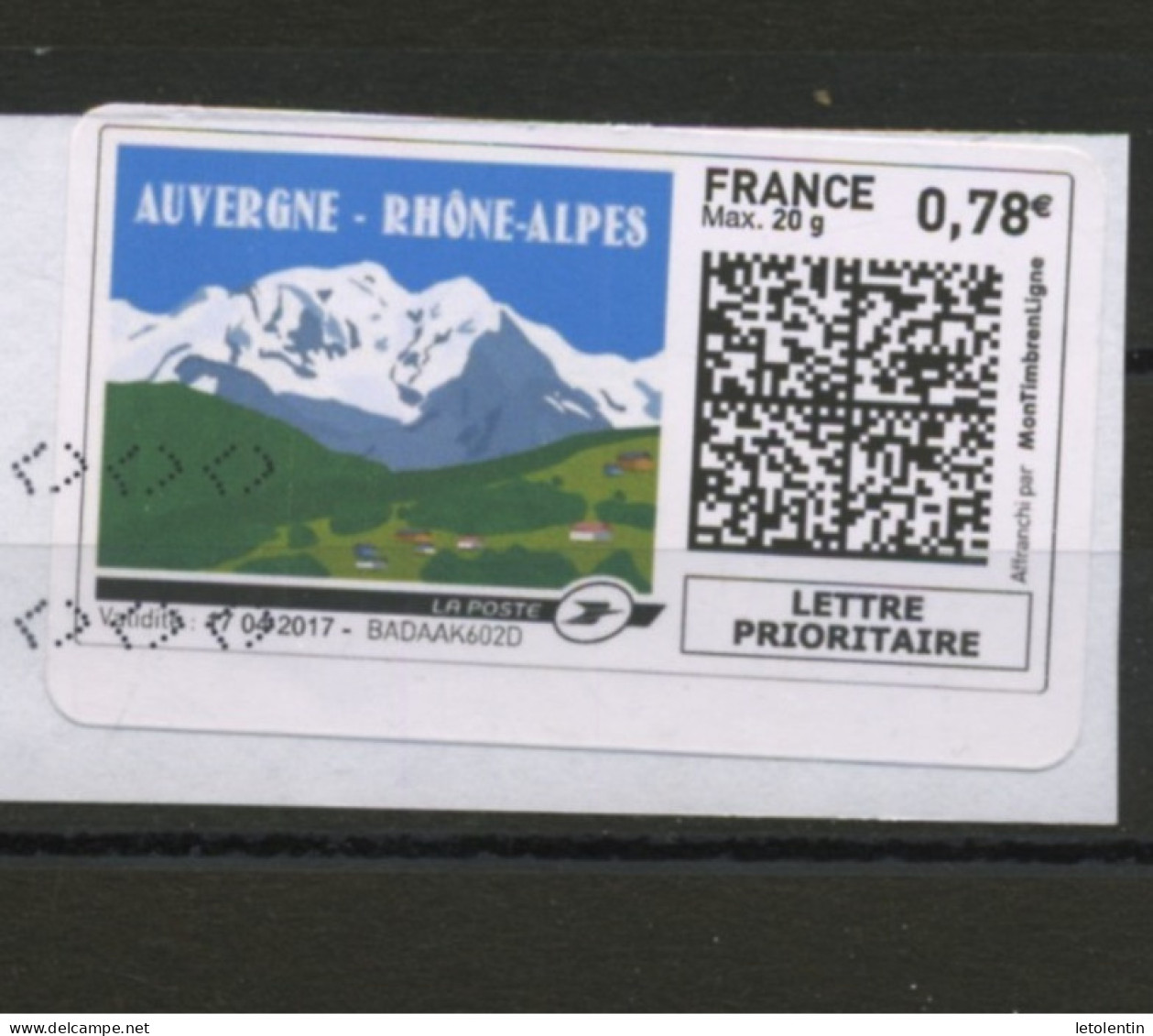 FRANCE - MON TIMBRE À MOI -  VIGNETTE SUR FRAGMENT - 0,78 LETTRE PRIORITAIRE " AUVERGNE RHONE ALPES" - Autres & Non Classés