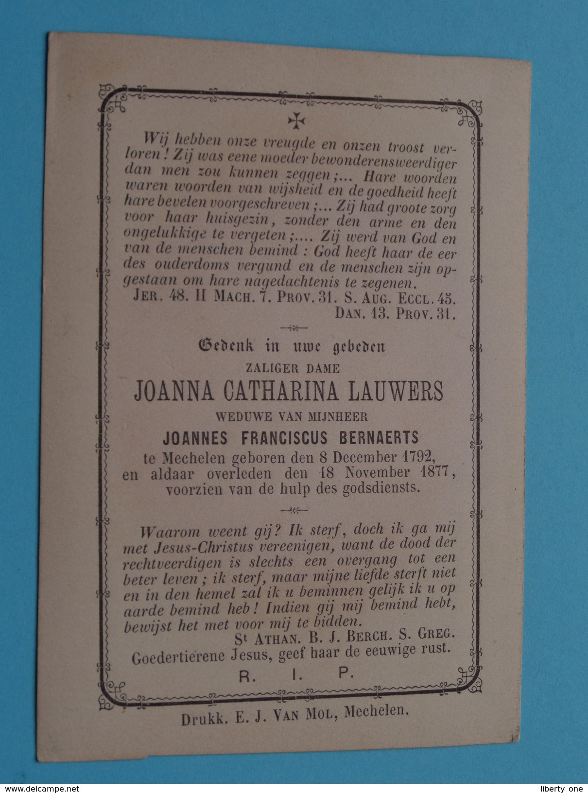 DP Joanna Catharina LAUWERS ( Bernaerts ) Mechelen 8 Dec 1792 - 18 Nov 1877 ! - Religione & Esoterismo