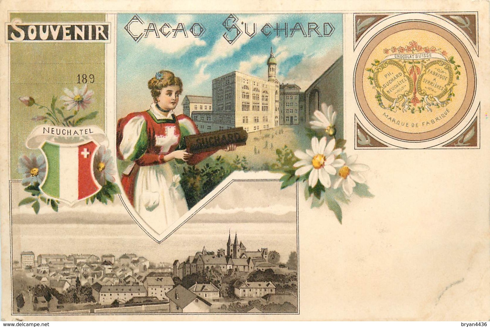 CHOCOLAT SUCHARD - RARE CPA CHROMO PRECURSEUR ILLUSTRE - ANNEES 1890 - SOUVENIR - NEUCHATEL - SUISSE - Suchard