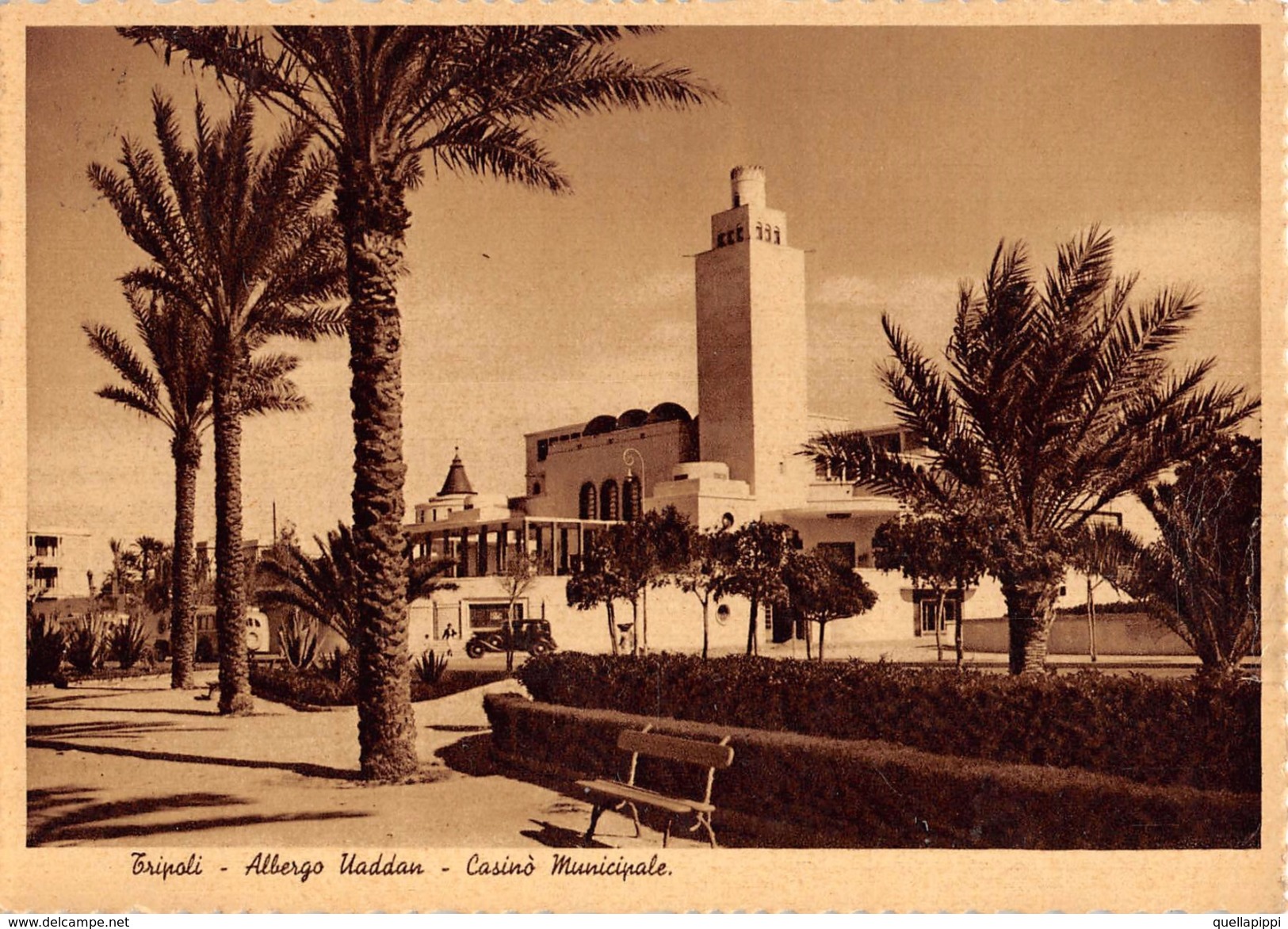 05273 "TRIPOLI - ALBERGO UADDAN - CASINO' MUNICIPALE" ANIMATA, AUTO '30,  FOTO 1937. CART  SPED 1979 - Libyen