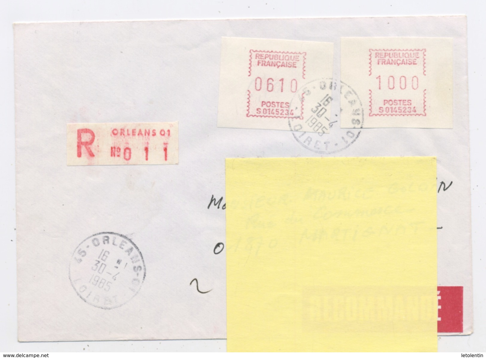 30#  FRANCE -  -  VIGNETTE  S 0145234  À 6,10+10,00  DE ORLEANS SUR LETTRE RECOMMANDÉE DU 30/4/1985 - 1969 Montgeron – White Paper – Frama/Satas