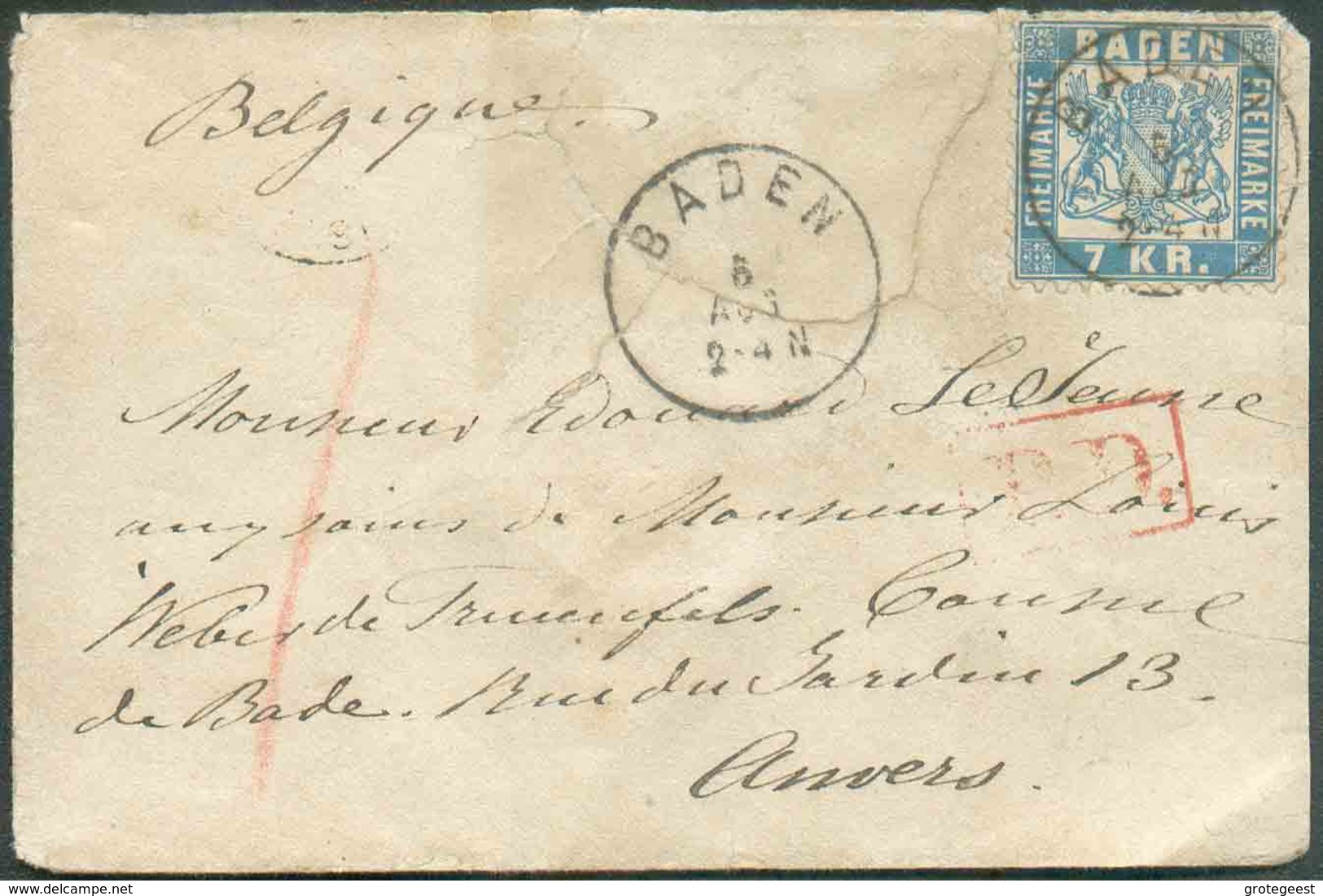 BADE N°25 - 7Kr. Bleu Obl. Sc BADEN Sur Enveloppe Du 5 Août 1870 Vers Anvers (Belgien). R. - B/TB - 11581 - Covers & Documents
