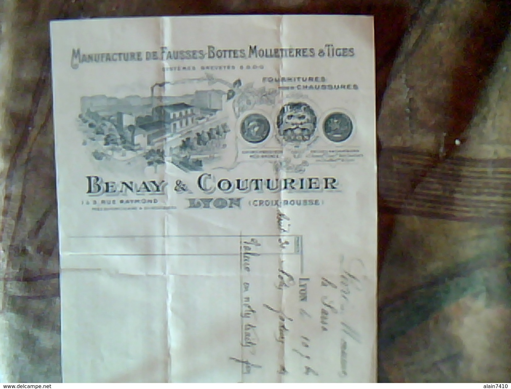 Facture Manufacture De Fausses Bottes Moletieres Et Tiges Benay Et Couturier A Lyon Croix Rousse Annee 1907 Facturette - Textile & Vestimentaire