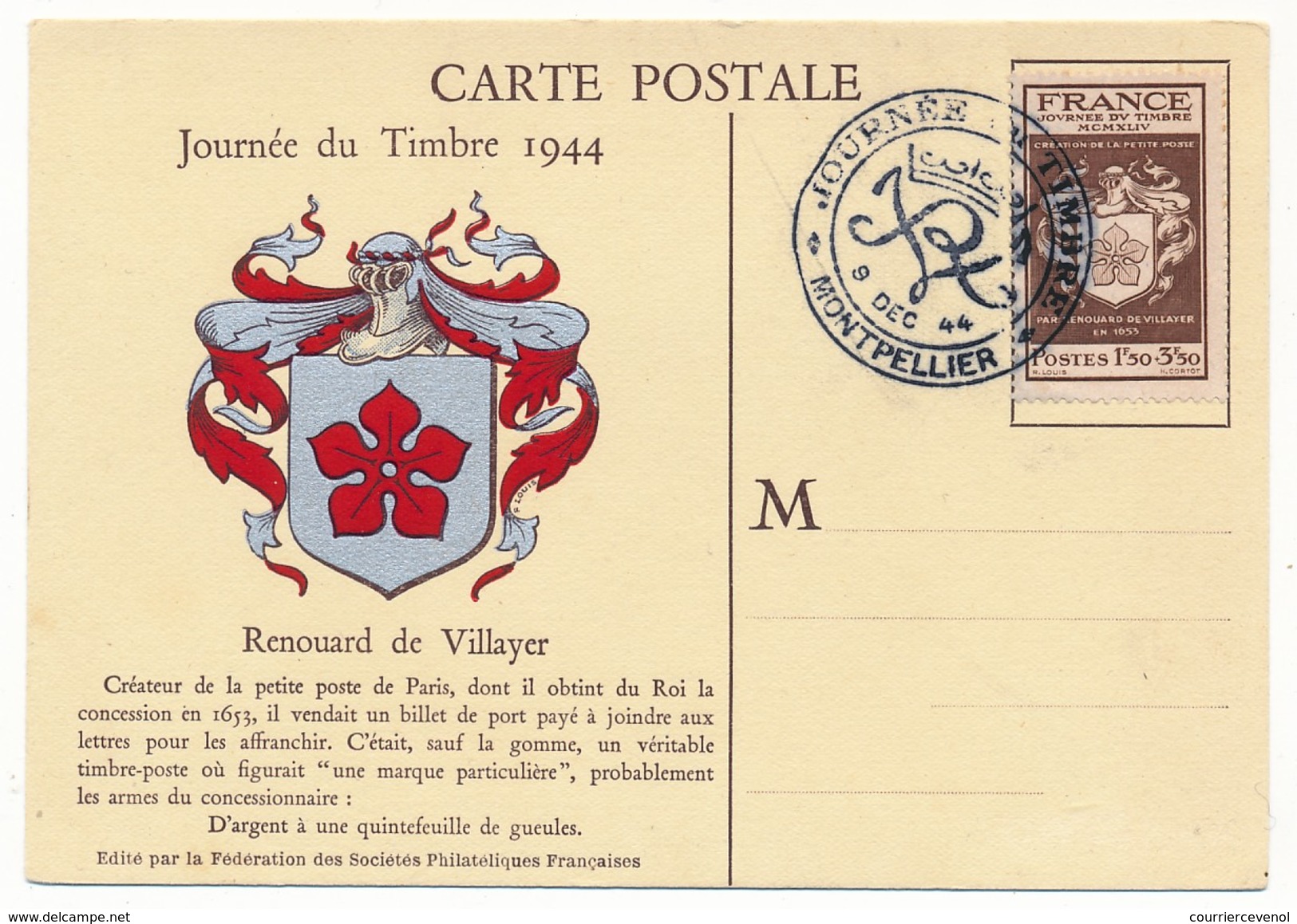 FRANCE => Carte Fédérale - Journée Du Timbre 1944 - MONTPELLIER - 1940-1949