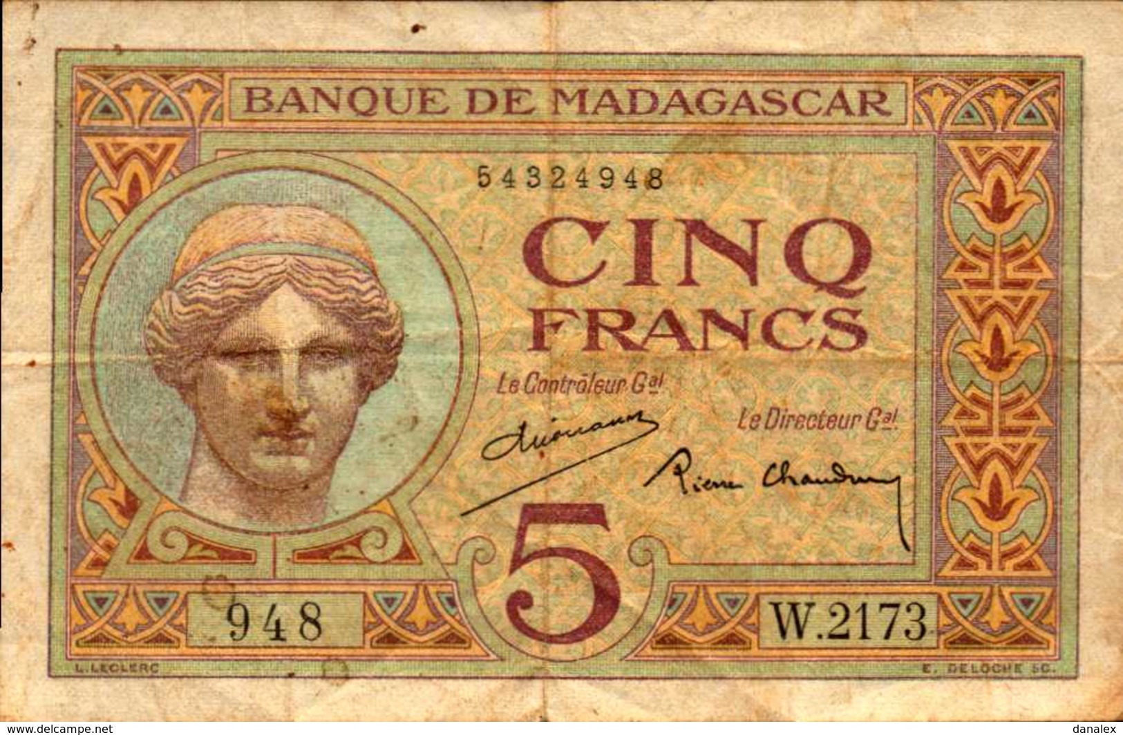 MADAGASCAR Banque De Madagascar 5 FRANCS De 1937nd  Pick 35 - Madagascar