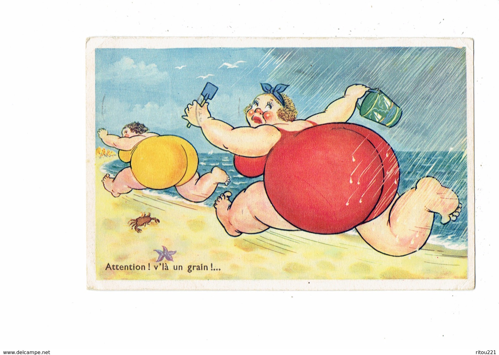 Humour - Illustration Grosse Femme Plage Sable Crabe étoile De Mer Pluie Orage - N°15 Artaud - 1967 - Humour