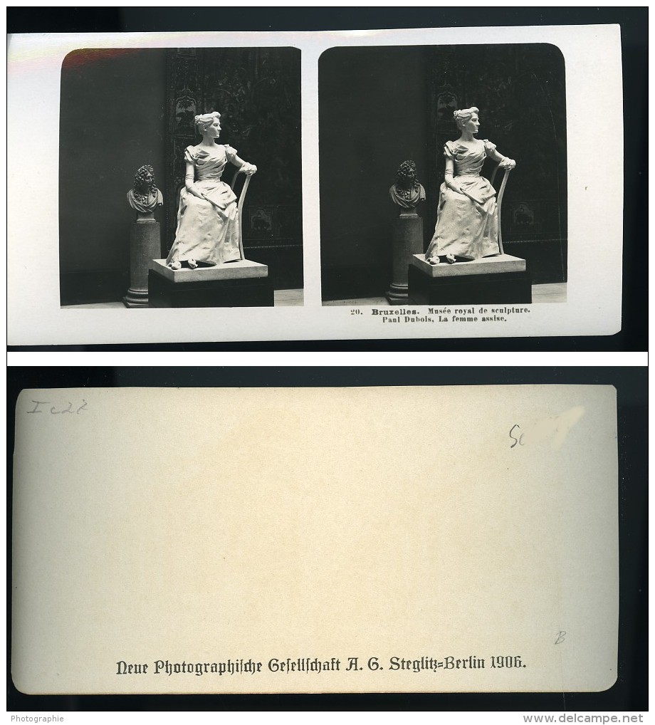 Belgique Bruxelles Musée De Sculpture Paul Dubois Femme Assise Ancienne Photo Stereo NPG 1900 - Stereoscopic