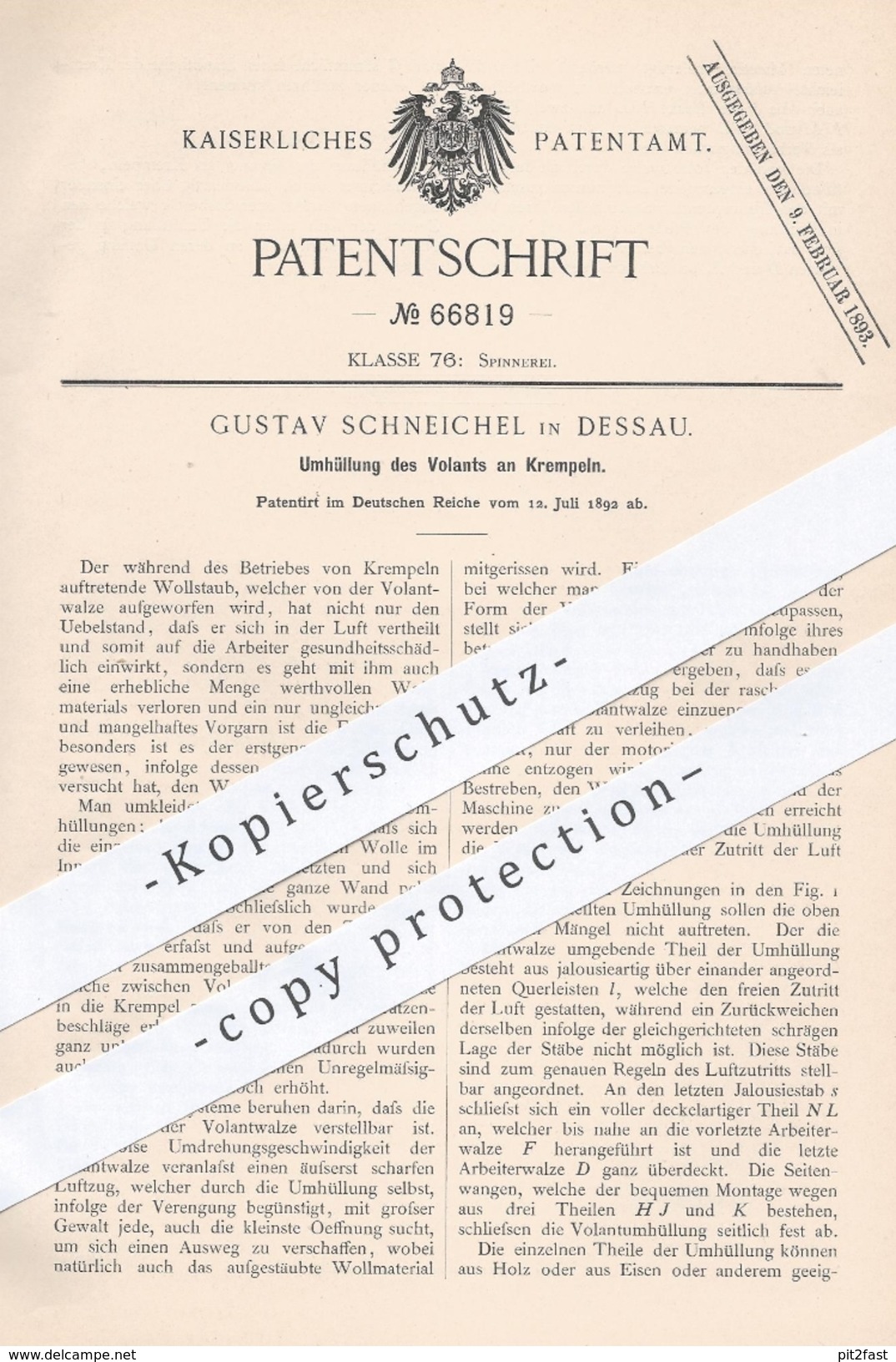 Original Patent - Gustav Schneichel , Dessau , 1892 , Umhüllung Von Volant An Krempeln | Spinnen , Spinnerei , Krempel ! - Historische Dokumente