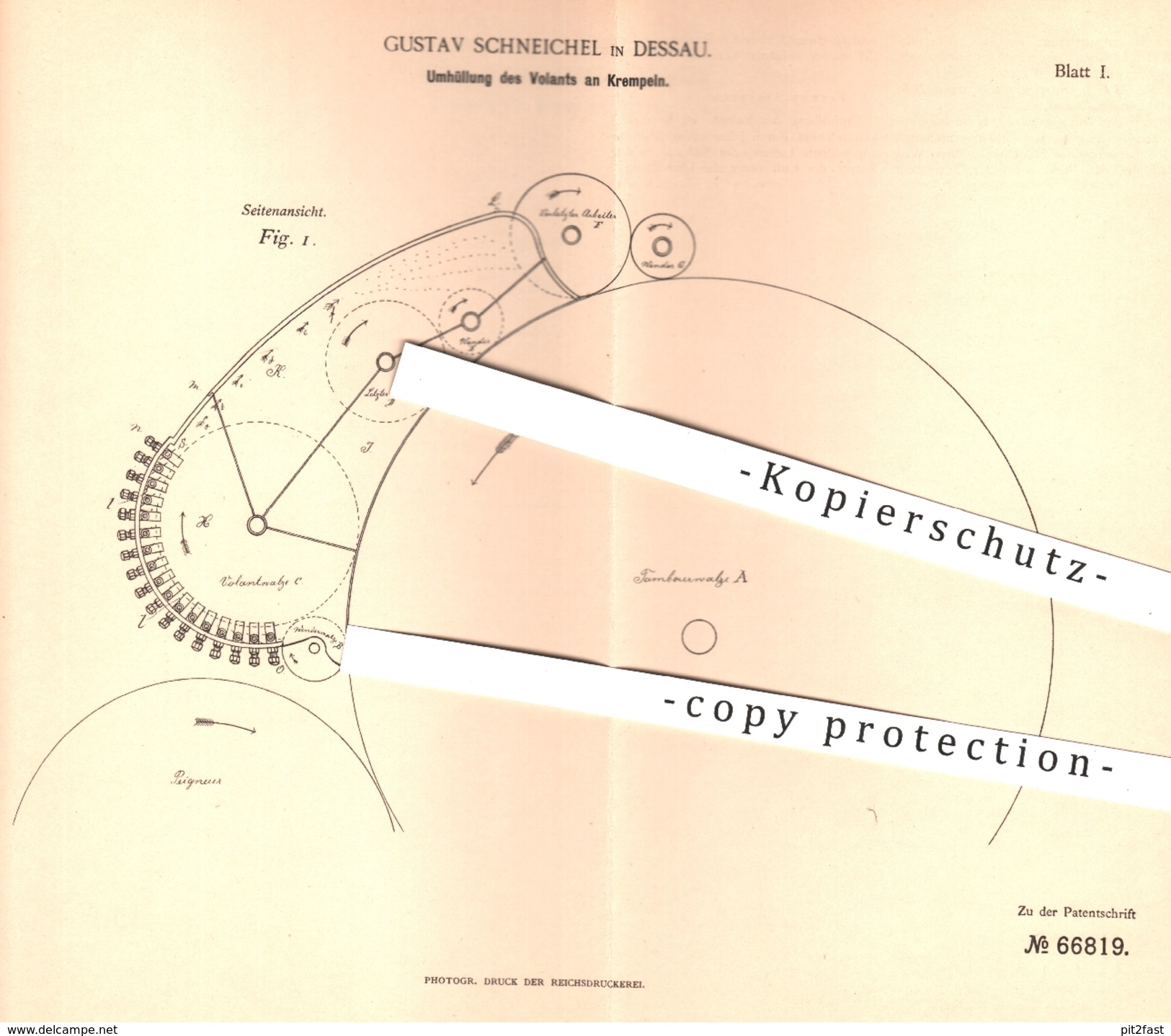 Original Patent - Gustav Schneichel , Dessau , 1892 , Umhüllung Von Volant An Krempeln | Spinnen , Spinnerei , Krempel ! - Historische Dokumente