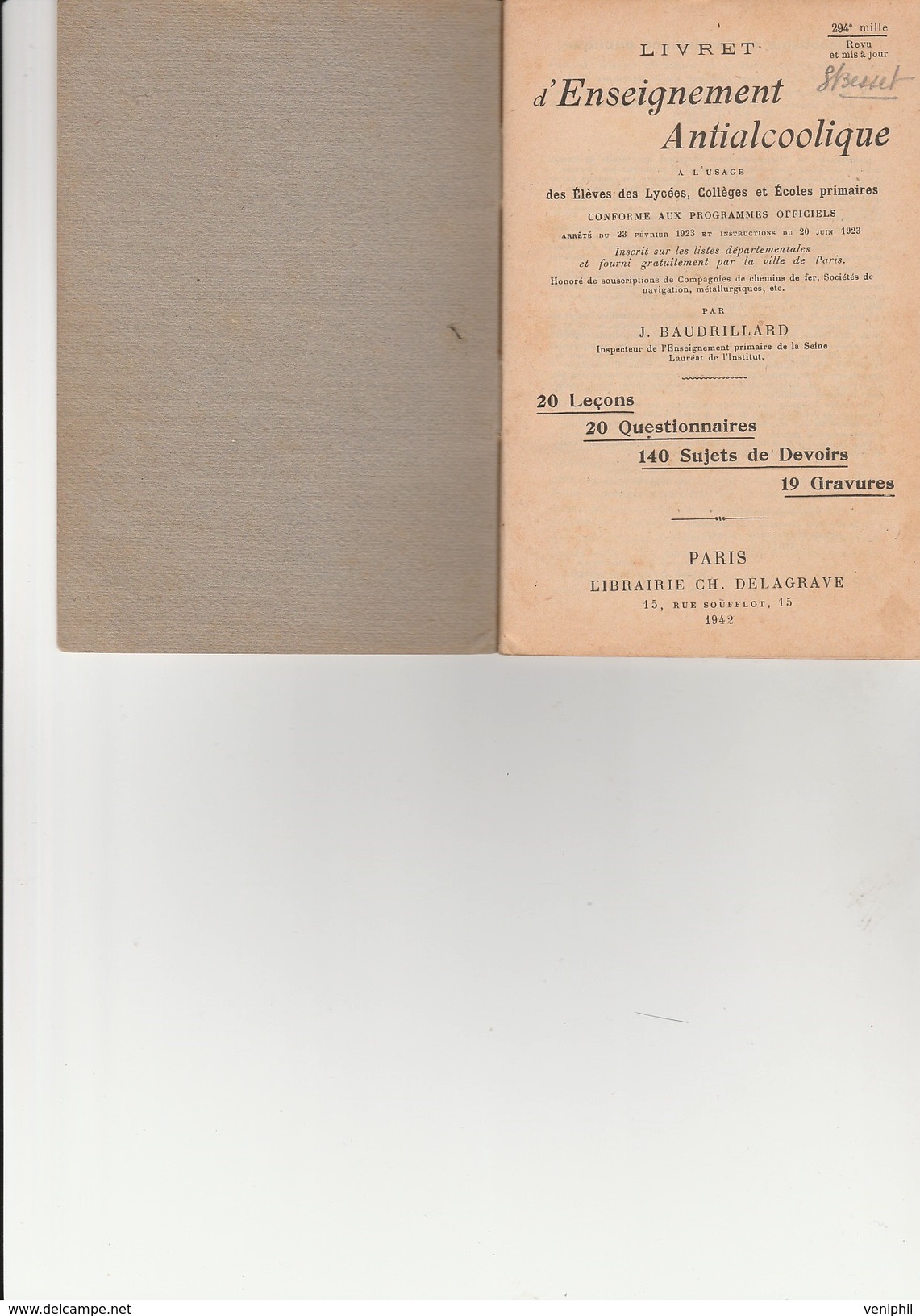 FASCICULE LIVRET D'ENSEIGNEMENT ANTIALCOOLIQUE - 48 PAGES - ANNEE 1942 - Autres & Non Classés