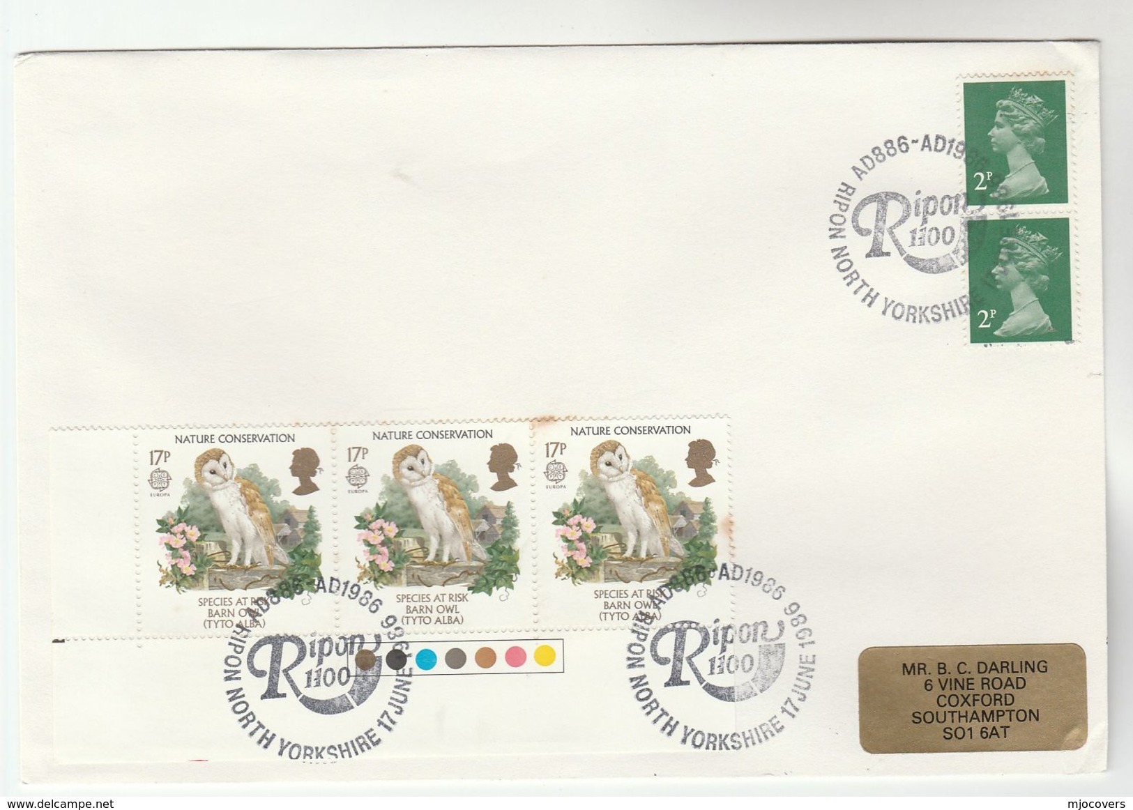 1986 GB OWL Stamps  COVER EVENT Pmk RIPON 100 Bird Birds Owls - Owls