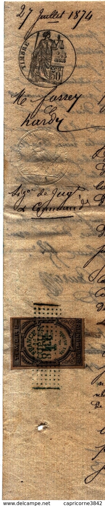 1874-Acte Notarié-Tp Fiscal De Dimension Copies Type "Chiffres" De Oudiné 1fr 2/10 Non Dentelé+tp Fiscal 50ct 2/15+timbr - Autres & Non Classés