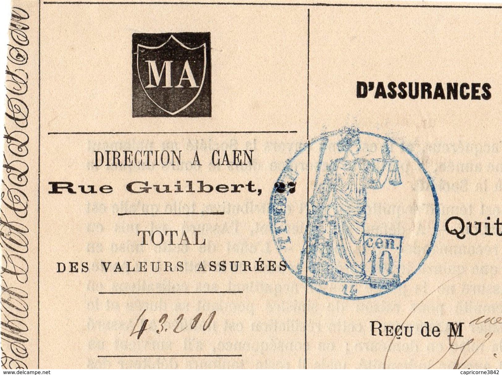 1879 - Quittance D'assurance - Cachet Timbre Fiscal De 10ct - Autres & Non Classés