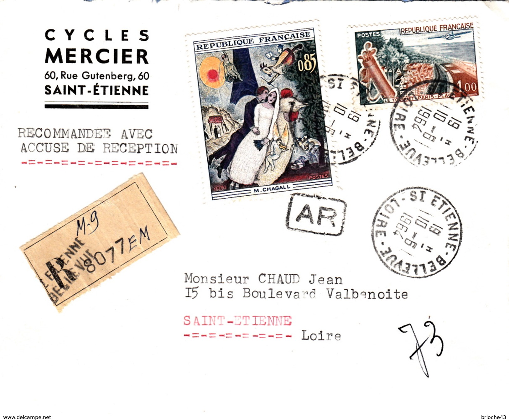 FRANCE LETTRE 1964  - RECOMMANDEE AVEC AR - CHAGALL - Covers & Documents
