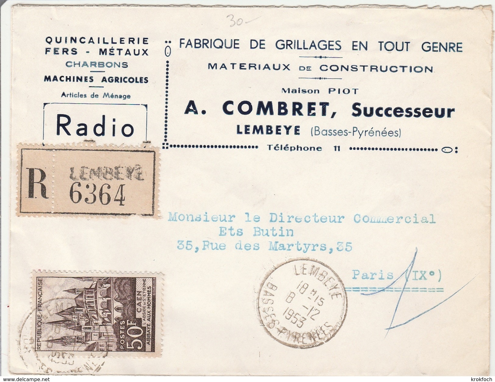 Lembeye 1953 - Lettre Recommandé Avec étiquette - Quincaillerie - 1921-1960: Période Moderne