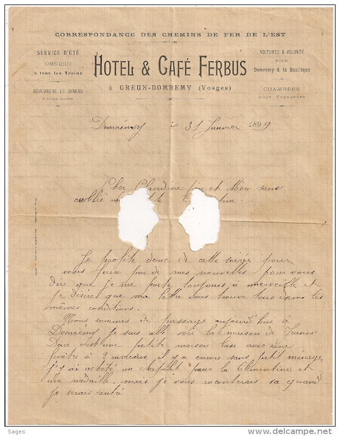 Boite B, GREUX - DOMREMY, COUSSEY Vosges Sur LAC SAGE. 1899. HOTEL CAFE FERBUS - 1877-1920: Periodo Semi Moderno