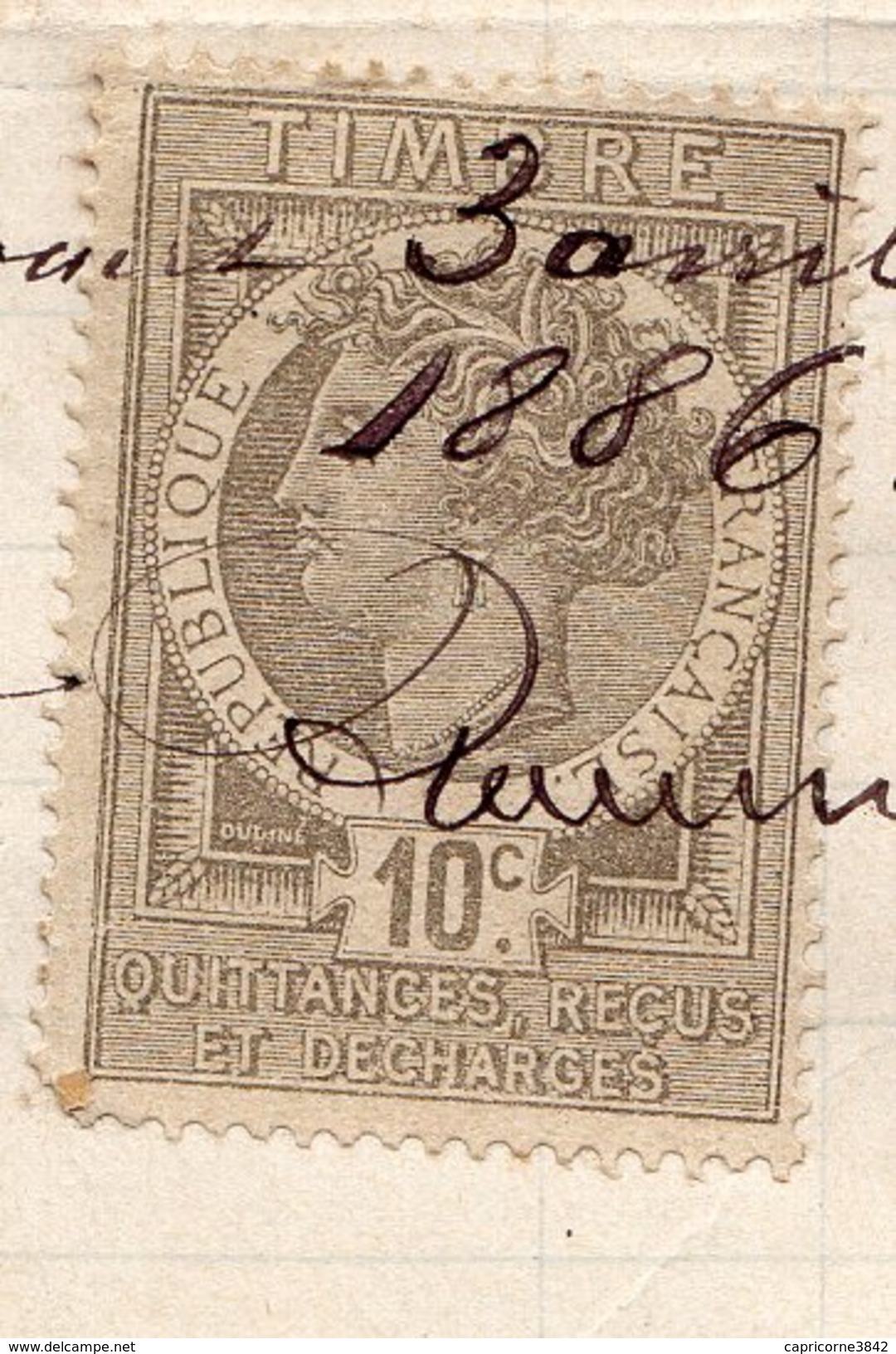 1886 - Reçu De Paiement - Timbre Fiscal "Timbre Quittances, Reçus Et Décharges"  Type "Monnaie De Syracusaine" 10ct - Andere & Zonder Classificatie