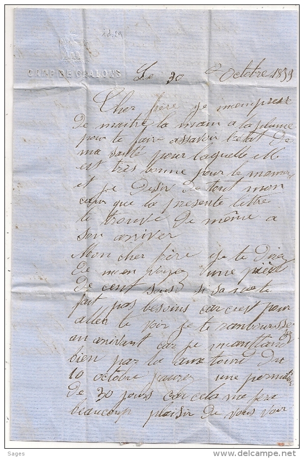 RARE Origine CAMP DE CHALON, PC 4114 MOURMELON LE GRAND Marne Pour BAGE LE CHATELLE. Ain. 1859. 7 SCANS - 1849-1876: Période Classique