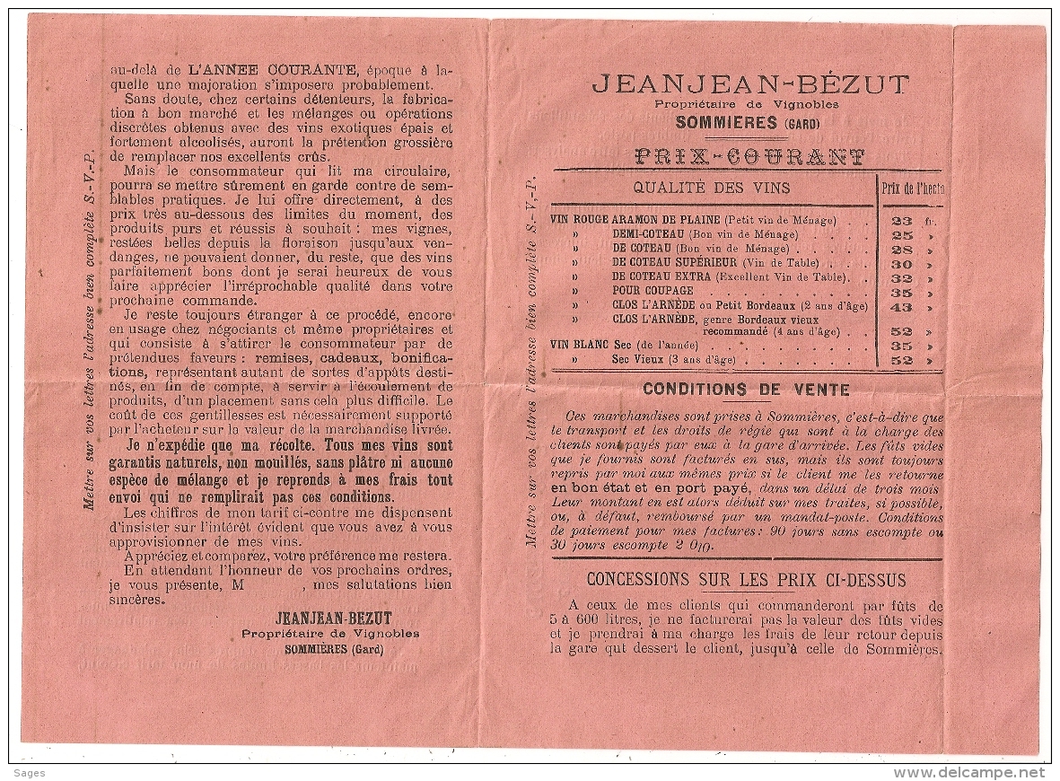 IMPRIMES * SOMMIERES PP * Gard. Superbe Ensemble Publicitaire VIN JEANJEAN - BEZUT. 1897. - Publicités