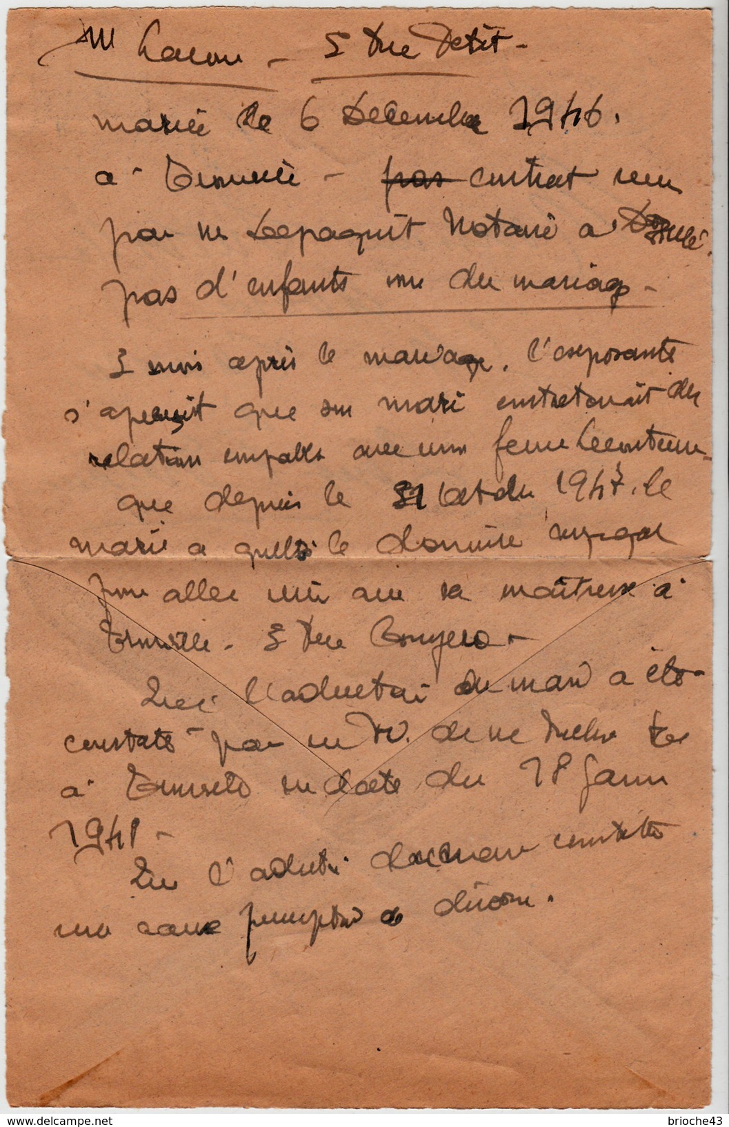 FRANCE 1948 LETTRE LIVAROT POUR PONT L'EVEQUE- A. LAMY HUISSIER CONSTATATION D&rsquo;ADULTÈRE.. - Lettres & Documents