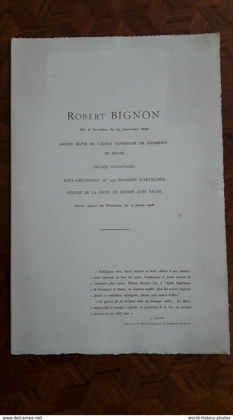 Document Ancien Avec Photo - Robert BIGNON Né à Rouen - Engagé Volontaire 243e Régiment Artillerie - Mort Pour La France - 1914-18