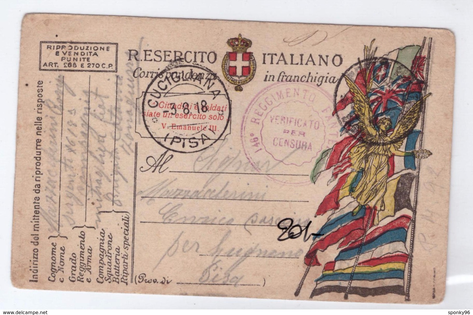 CARTOLINA POSTALE - ITALIA - ANNO 1918 - POSTA MILITARE - VERIFICATO PER CENSURA - CUCIGLIANA - 146° REGGIMENTO FANTERIA - Militärpost (MP)