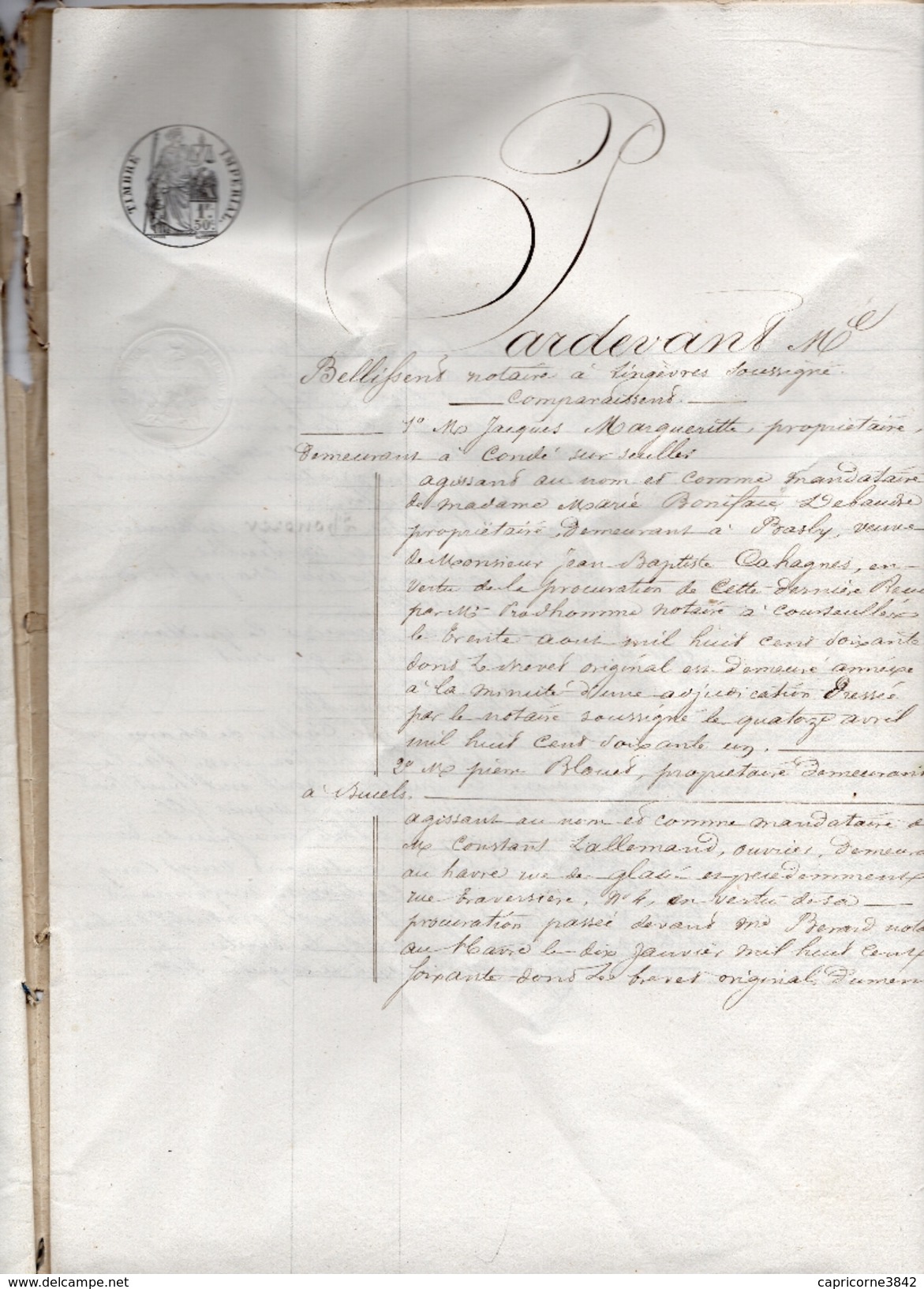 1861 - Cahier De Charges - Tp Impérial Taxe 1,25fr Par Feuille + Tp Impérial (aigle) A Sec + Adjudication Tp Impérial 1, - Sonstige & Ohne Zuordnung