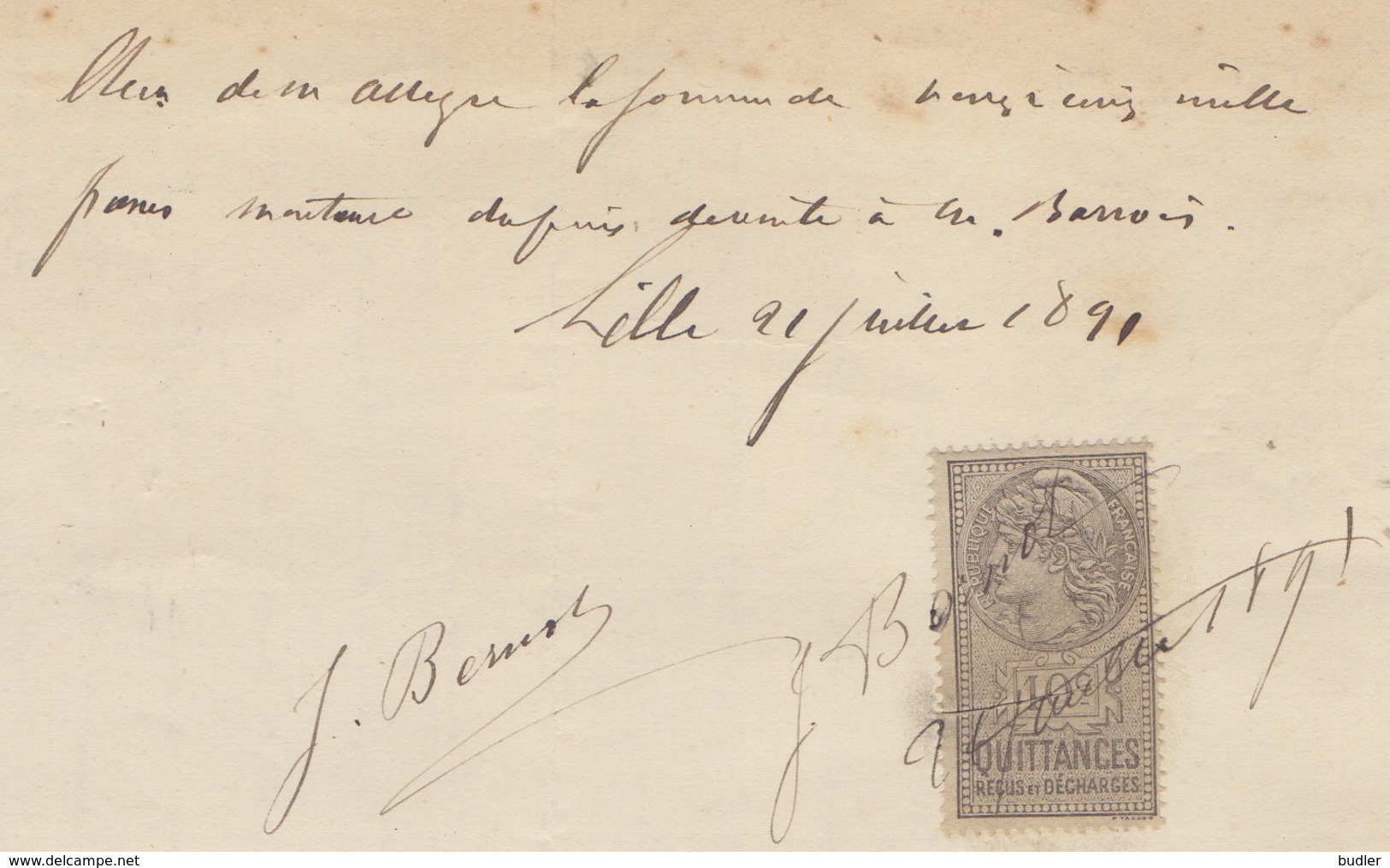 FRANCE :1891: Reçu De 25.000 Francs Avec Timbre Fiscal, Signé à Lille Le 21 Juillet 1891. - 1800 – 1899