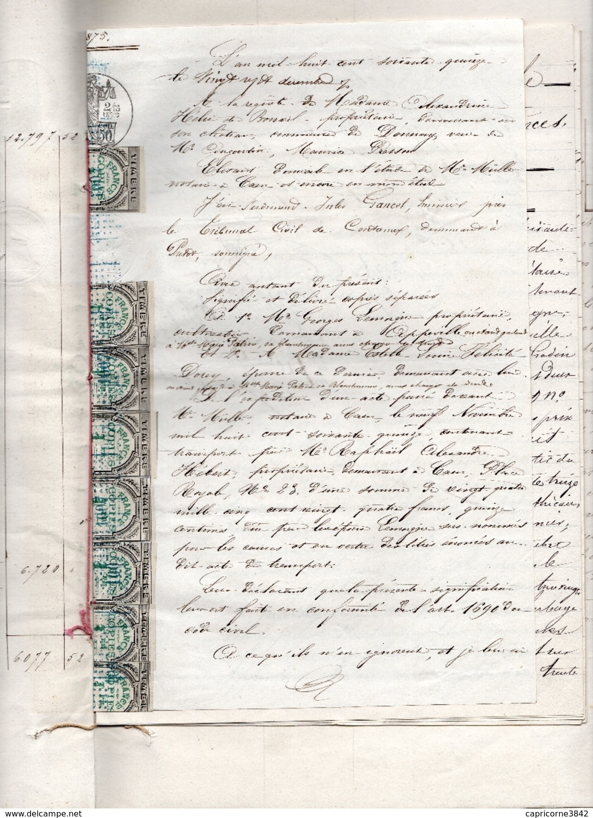 1875- Acte Notarial (4 Pages) Cachet Taxe 1,50fr+tp à Sec Et Additif Avec 8 Tp Fiscaux Type "Chiffres" De Oudiné 1fr2/10 - Sonstige & Ohne Zuordnung