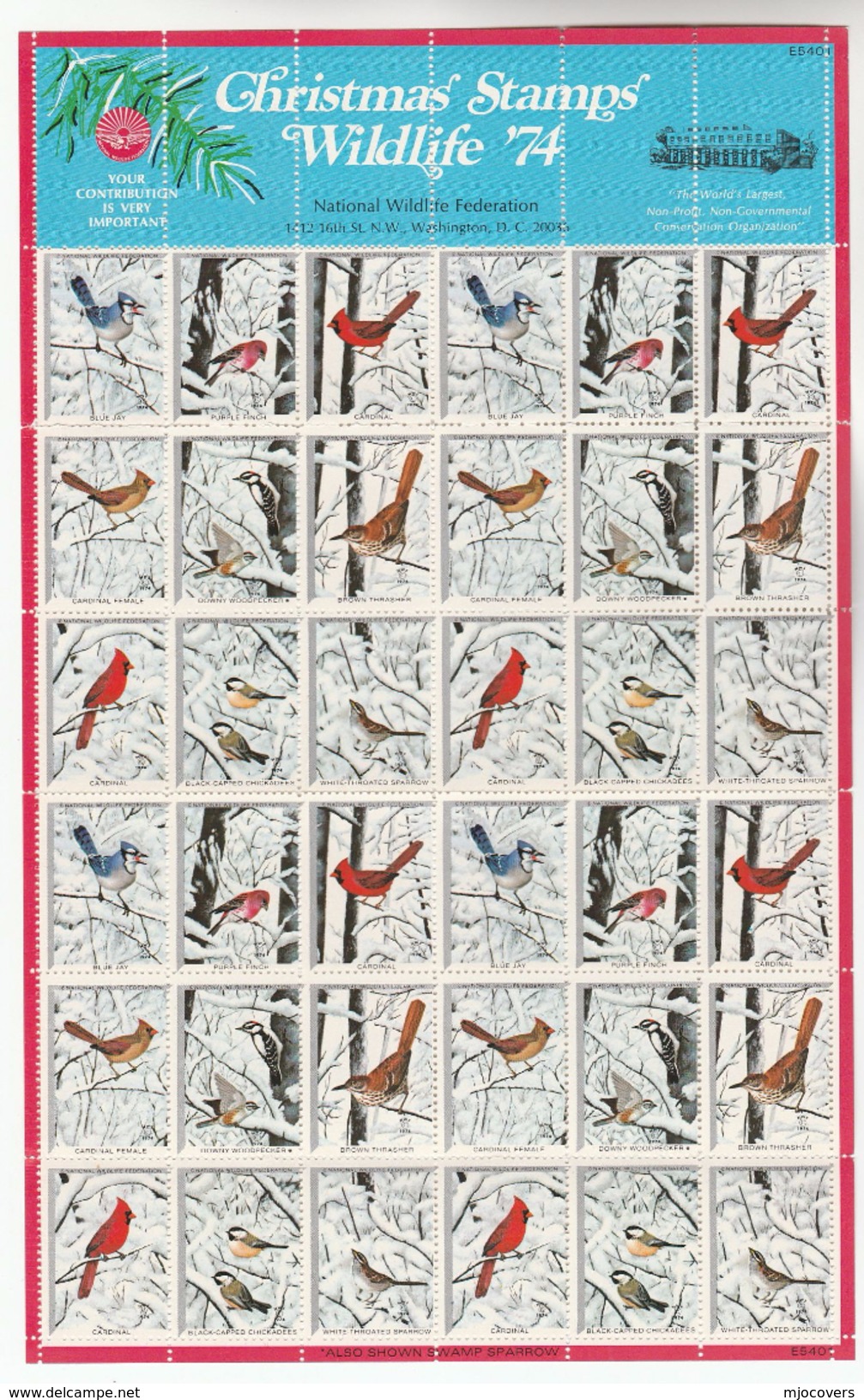 1974 USA -COMPLETE SHEET - 36 X WILDLIFE Federation CHRISTMAS LABELS Bird Woodpecker Finch Jay Sparrow Cardinal Bird MNH - Cinderellas