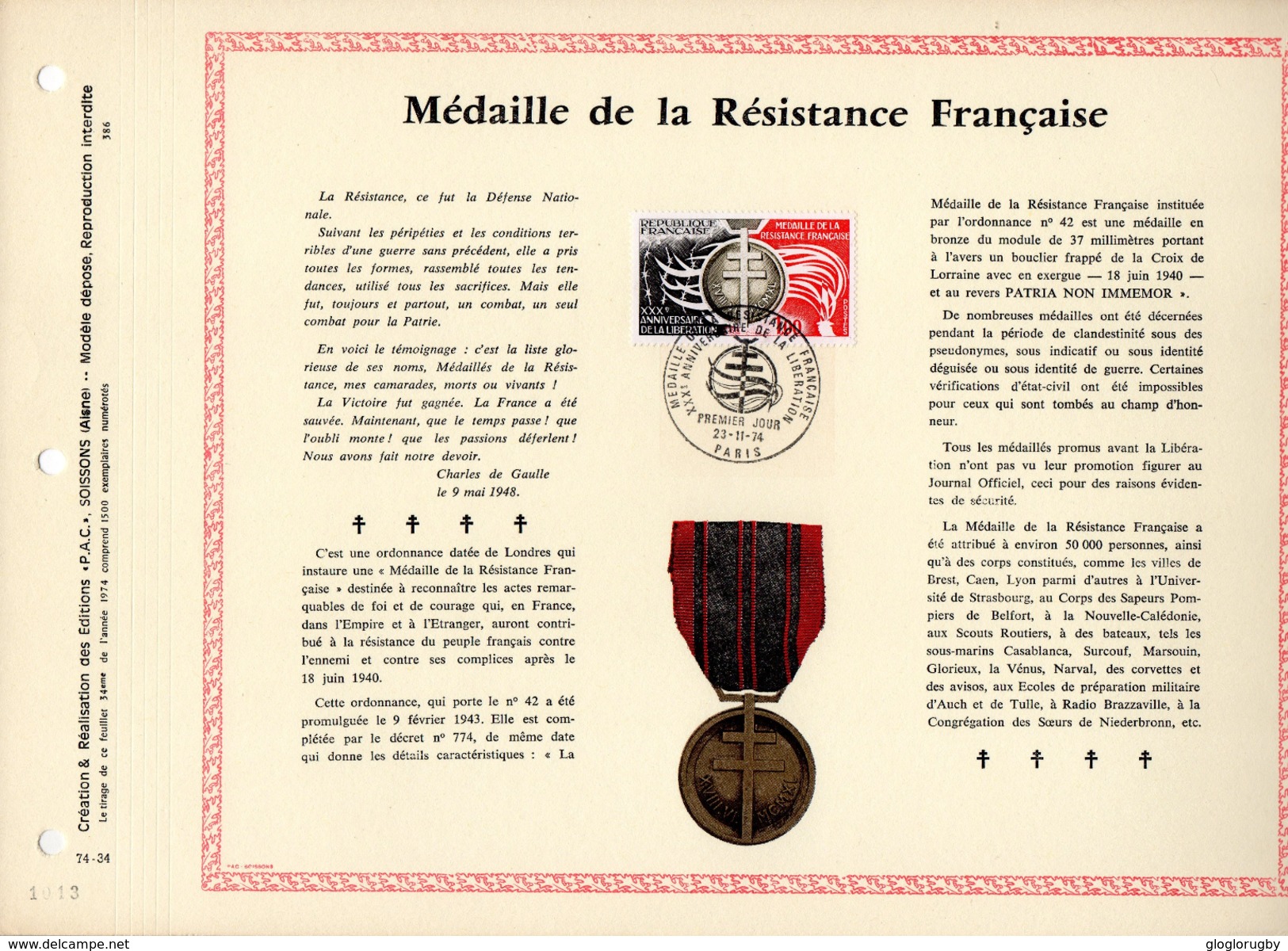 DOCUMENT PAC MEDAILLE RESISTANCE FRANCAISE  23 11 1974 - WW2