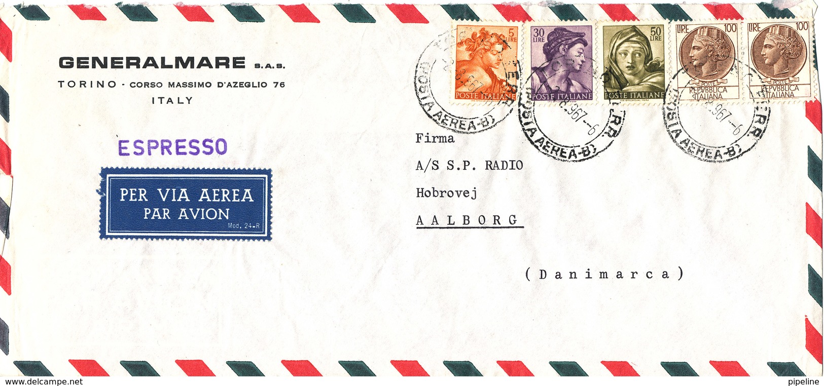 Italy Express Air Mail Cover Sent To Denmark 2-8-1967 - Luchtpost