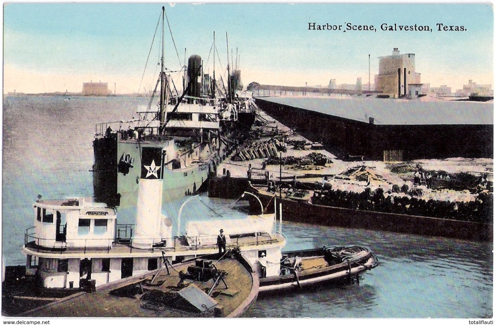 GALVESTON Texas Harbor Scene Steam Ships Animated Cotton Loading Color Unused - Galveston